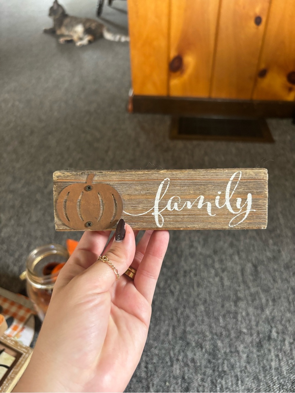 Rustic Brown 'Family' Wood Wall Accent with Pumpkin Detail